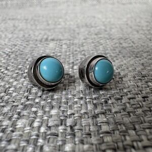 925 Sterling Silver‎ Turquoise Stud Earrings Round Cabochon Ribbed Bezel Boho